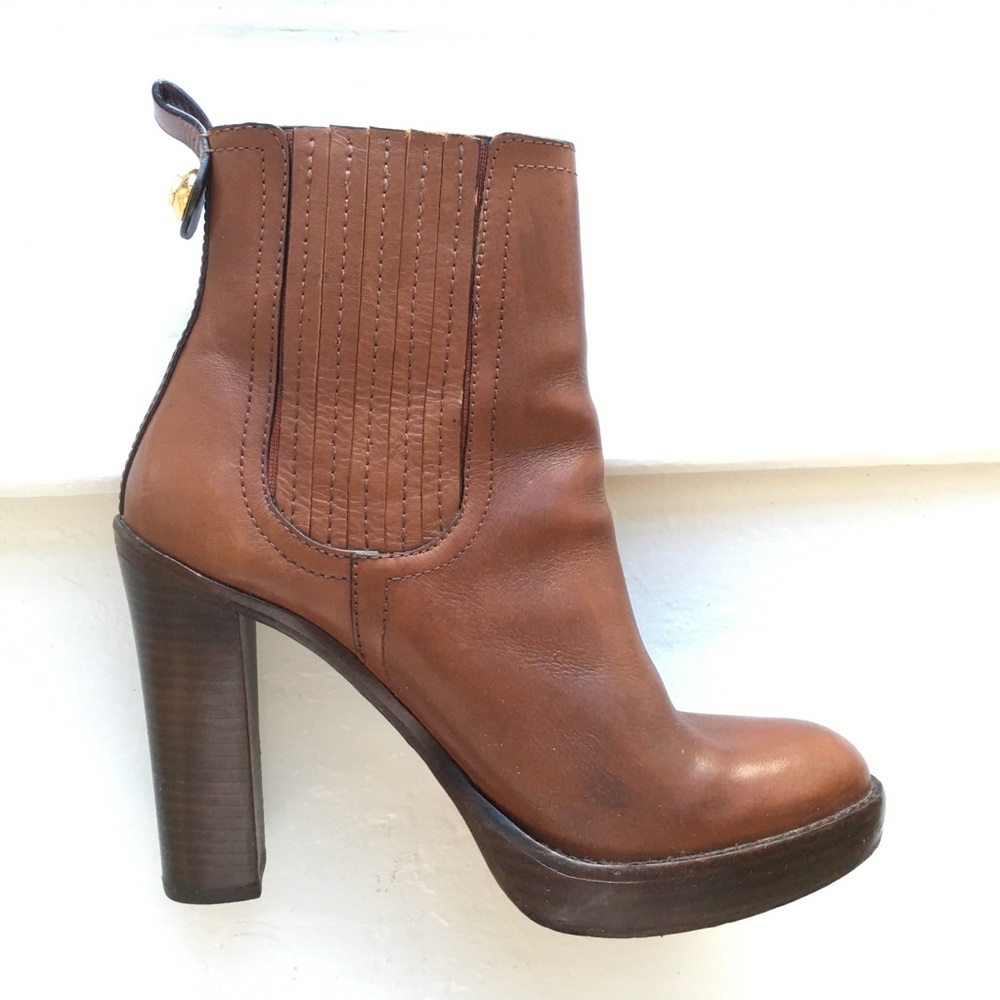 Tory Burch Leather Chestnut Heeled Boots Booties platform Chunky Heel
